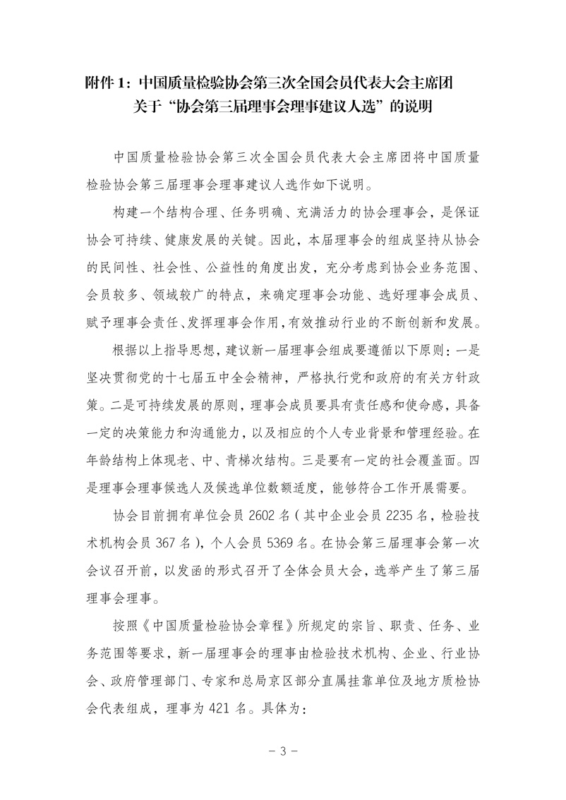 中国质量检验协会《关于发布中国质量检验协会第三次全国会员代表大会 选举产生“协会第三届理事会理事”的公告》