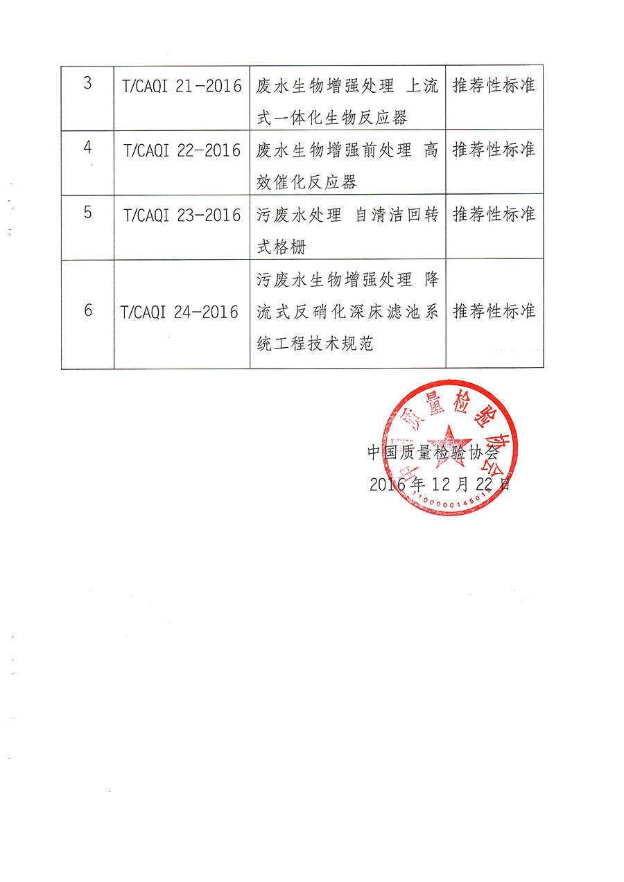 关于批准发布《废水生物增强处理  上流式一体化生物反应器系统工程技术规范》等6项团体标准的函（质检协函〔2016〕122号）