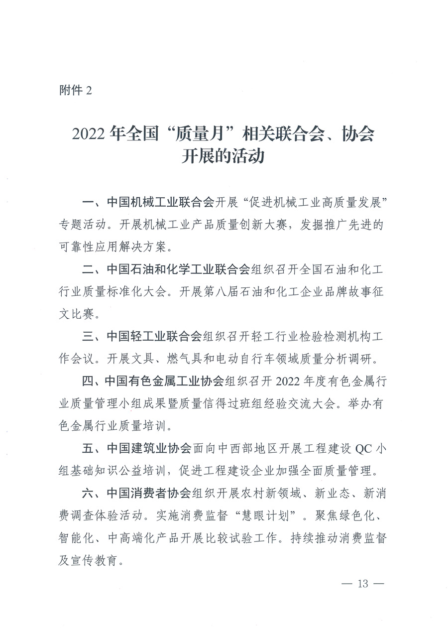 
等21个部委（部门）发文部署开展2022年全国“质量月”活动（国市监质发〔2022〕76号）