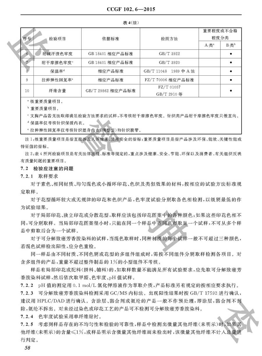 内衣产品质量监督抽查实施规范