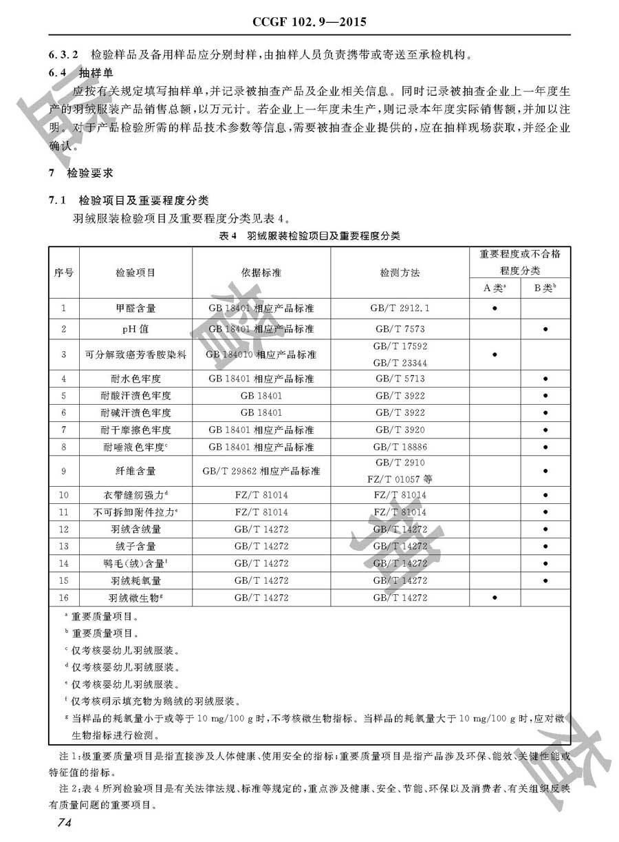 羽绒服装产品质量监督抽查实施规范